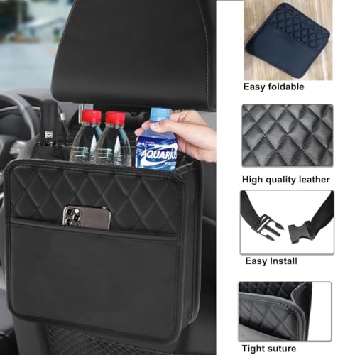 Image of Car Seat Back Organizer with Mesh Bottle Holder, Quilted Storage Pockets and Buckle Strap Attachment for Vehicle Seat Back or Trunk Storage