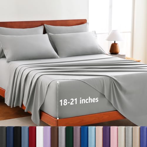 Image of CozyLux 4-Piece Twin Sheets Set, Fits 18-21 Inch Mattresses, Oeko-TEX | 2 Pillowcases, 1 Flat Sheet and 1 Fitted Sheet with All-Around Elastic and 21-Inch Deep Pocket for a Secure Fit, Light Grey