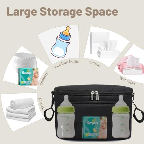 Bizcasa Kinderwagen Organizer, Universal Kinderwagentasche, Baby Kinderwagen Tasche, Baby Wickeltaschen mit Reißverschlusstasche, Becherhalter, Schultergurt und Großem Stauraum (Schwarz)
