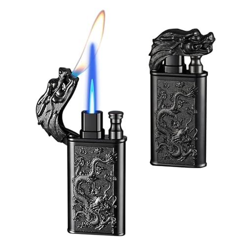 Encendedor de doble llama resistente al viento con diseño de dragón en relieve, tamaño de llama ajustable, cuerpo metálico portátil, apto for uso en interiores y exteriores.(Black)