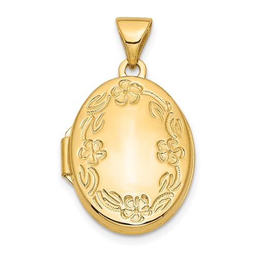 10k Yellow Gold Oval Floral Locket Pendant Necklace for Women
