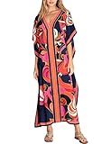 Eddoyee Women Long Print Swimwear Cover Up Sexy V Neck Side Split Beach Caftans Lounge Dresses