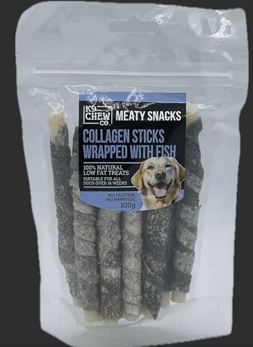 Snack carnosi con collagene avvolto con bastoncini di pesce 12,7 cm, 100 g, 100% naturale, a basso contenuto di grassi, per cani, senza cereali, senza glutine, senza pelle grezza