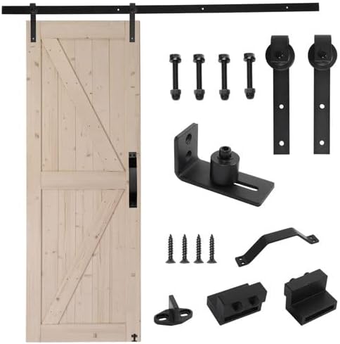 VINGLI Puerta de granero, kit de herrajes para puerta corrediza de granero de 5.5 pies y asas incluidas, con superficies dobles de madera maciza,