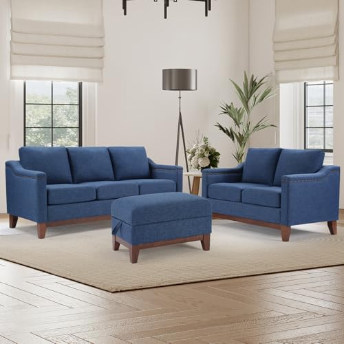 Image of HAOMARKETS Modern 3 Piece Sofa Set with Rivets, Included Chenille Loveseat 2-Seater Sofa, Upholstered 3-Seater Couches with Solid Wood Legs and Storage Ottoman, Living Room Furniture Set,Blue