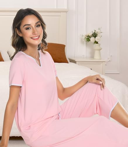 Image of NACHILA Women's Pajamas Set-Viscose Made from Bamboo,Short Sleeve Sleepwear Soft Pjs with Capri Pants Loose Loungewear