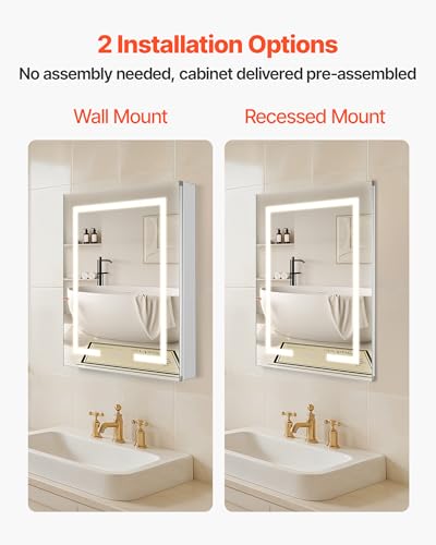 VEVOR Lighted Medicine Cabinet with Mirror, 24 x 30 in Recessed or Wall Mount, 3 Color Dimmable LED Bathroom Medicine Cabinet with HD Mirror, Clock, Adjustable Shelve Storage, Memory Defog Function