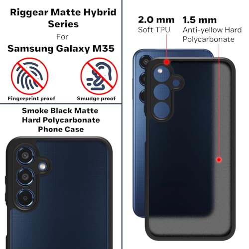 Image of RIGGEAR Shockproof Sleek Hybrid Armor Back Cover Case Compatible with Samsung Galaxy M35 5G (Smoke Black Matte PC + Black TPU Bumper)