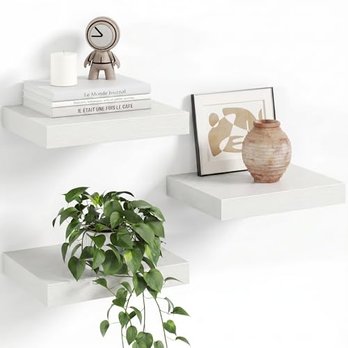 Image of Fun Memories Floating Shelves for Wall with Invisible Brackets, 10 Inch Wall Mounted Wood Shelves with Wood Grain for Living Room, Bedroom, Bathroom, Kitchen Decor and Storage, White - Set of 3