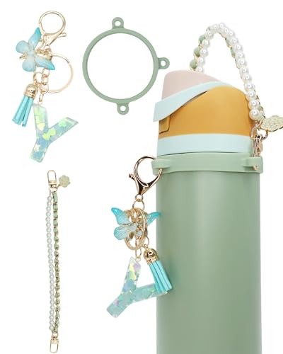 TOVICE Letter Accessories for Owala Water Bottle 24-40oz, 3PC Cute Initial Keychain & Water Bottle Handle Strap with a Thick Elastic Silicone Ring Holder (Mint Green, Y)