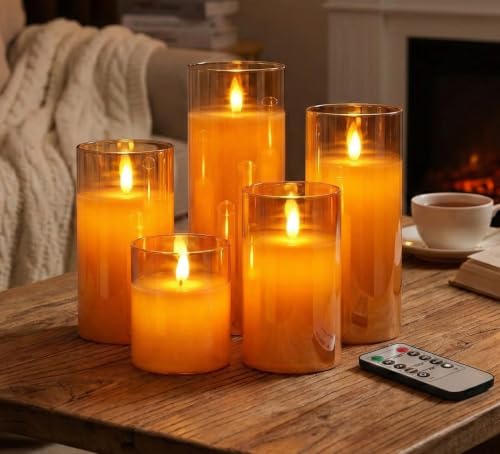 Image of LTETTES Set of 5 Premium LED Amber Glass Cup Pillar Candles with Real Wax with Moving Faux Wick | Battery Powered with Remote Controller | 3 inch H x4,5,6,7 inch,8 inch Dia | Ideal for Home Decor and Gifting