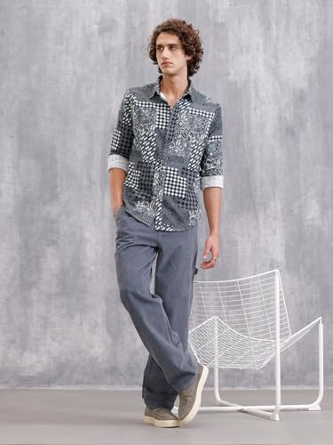 Image of WROGN Men's Cotton Corduroy Shirt | Grey Black Clash Design | Slim Fit