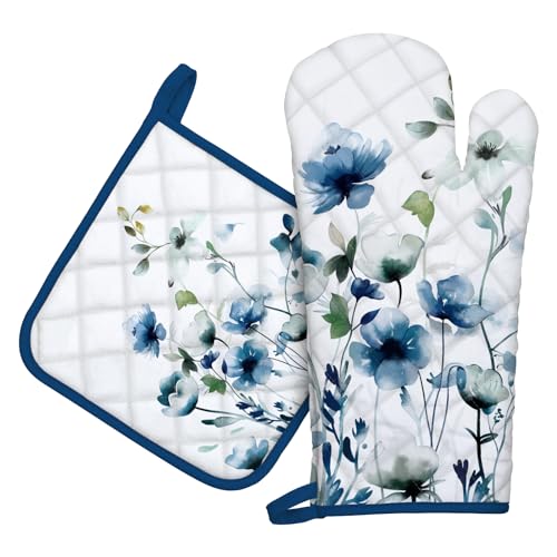 Arquiel Blue Watercolor Flower Oven Mitts and Pot Holders Sets 100% Cotton Heat Resistant, Extra Long Oven Gloves Potholder for Kitchen Cooking Baking Decoration, Housewarming Gifts for Mom