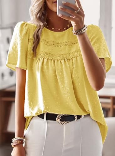 Image of Falechay Womens Summer Tops Crewneck Short Sleeve Shirts Casual Chiffon Blouses Flowy Lace Hem Boho Clothing Trendy 2026