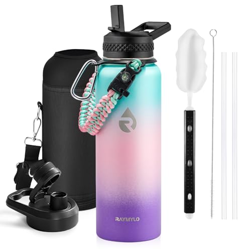 Image of RAYMYLO Insulated Water Bottle 40 oz, Triple Wall Vacuum Stainless Steel (Cold for 36Hrs, Hot for 18Hrs), Leak Proof & Non-BPA, Modern Water Flask Jug with Paracord Handle & Straw Spout Lids