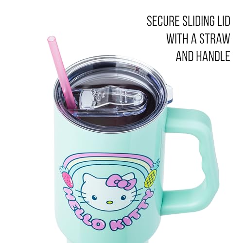 Image of Silver Buffalo Sanrio Hello Kitty Kawaii Strawberry, Pineapple, and Rainbows Stainless Steel Tumbler with Handle and Straw, Fits in Standard Cup Holder, 40 Ounces (Pack of 12)