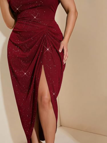 Image of Floerns Women's Plus Size Asymmetrical Neck Long Dress Ruched Slit Hem Cocktail Dress