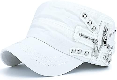 Rayna Fashion Men Women Soft Washed Cotton Adjustable Flat Top Military Army Hat Cadet Cap Zip Studs Embroidery Patch White