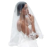 Fubney Wedding Veil 3D Flower Pearls 2 Tier Bride Veils,Lace Floral Fingertip Length Tulle Veil for Bridal Bachelorette Party