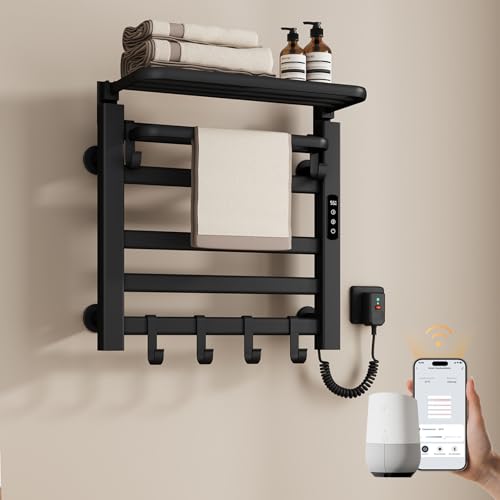 EMKE Elektrischer Badheizkörper Handtuchhalter 500 x 500 mm, Intelligenter Konstanttemperatur Handtuchheizkörper Elektrisch Handtuchtrockner Handtuchwärmer mit Ablage Right 140W Schwarz