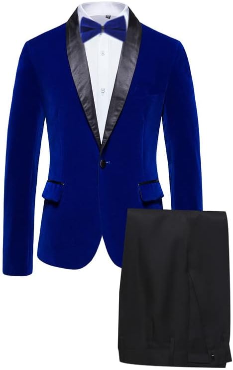 Men's 2 Piece Suits Velvet 1 Button Blazer Solid Tuxedo Slim Fit Stylish Jacket Pants Set