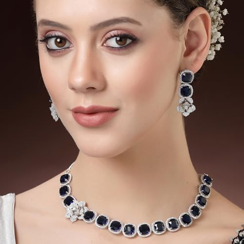 Image of ZENEME Jewellery Set Classic Style Rhodium Plated AD /American Diamond Studded Silver Plated Bejeweled Rose Necklace Jewellery Set for Women & Girls