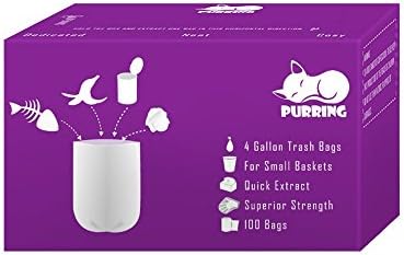 Purring Small Garbage Bags with Quick-Dispense, 4 Gallon Trash Can Liners with Cute and Compact Package, 100 Count (Purple)