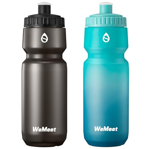 WEMEET Leichte Rennrad Trinkflasche 700ml, BPA-frei, Fahrrad Squeeze Wasserflasche, Auslaufsichere Sportflasche mit Kapazitätsskala, für Fahrrad, Fitnessstudio (Schwarz & Grün Blau, 2er-Pack)