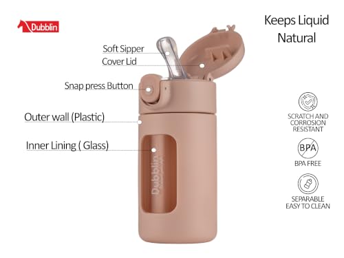 Image of DUBBLIN Glass Water Bottle 240 ml | Wall Fridge Bottle | BPA Free, Lightweight & Durable Glass Bottle | Leakproof Steel Bottle for Office, School & Travel -PINK