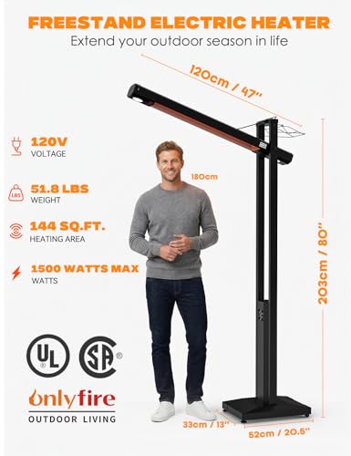 ONLYFIRE OUTDOOR LIVING 80" Foldable Electric Heater for Indoor & Outdoor Use, Portable 1500W Infrared Patio Heater with Remote & Cover, Temperature & Brightness Ajustable, Tip-Over Protection, FP064