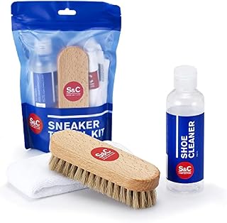 Stone and Clark Travel Shoe Cleaner Sneakers Kit - Premium Shoe Cleaning Kit for Sneakers, Leather, Suede, and White Shoes - Shoe Care Kit w/Hog Shoe Brush, 3.5 oz. Cleaning Sol, & Microfiber Towel