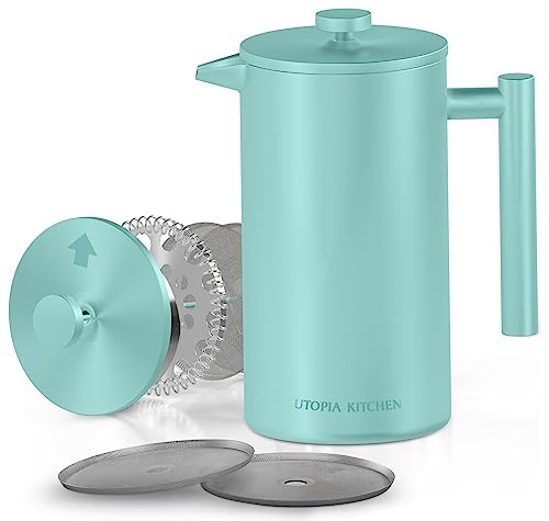 Utopia Kitchen - French Press Coffee Maker 50Oz, Double Wall Insulated 1.5 Liters Stainless Steel With 4-Level Filtration System, Includes 2 Extra Filters, Rust-Free, Dishwasher Safe, Blue #TOP5