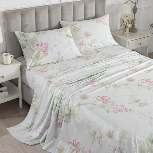 Image of Sage Green Vintage Floral Percale Sheets Queen Size Deep Pocket | 100% Cotton Patterned Farmhouse Sheet Set, Shabby Flower Leaf Chic Toile Bed Sheets, French Country Bedding, Soft Crisp, 4Pcs