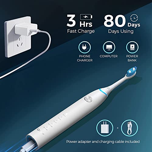 Hyslor Electric Toothbrush For Adults With Pressure Sensor, Rechargeable Sonic Toothbrushes With 6 Brush Heads, Travel Case, 3 Hours Fast Charge For 80 Days, Power Electronic Tooth Brush 5 Modes,White #TOP4