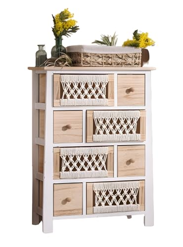 Dekoleidenschaft Commode macramé en bois et textile - 56 x 77 cm - 8 tiroirs - Commode bohème chic - Commode en bois - Commode à tiroirs, commode de...