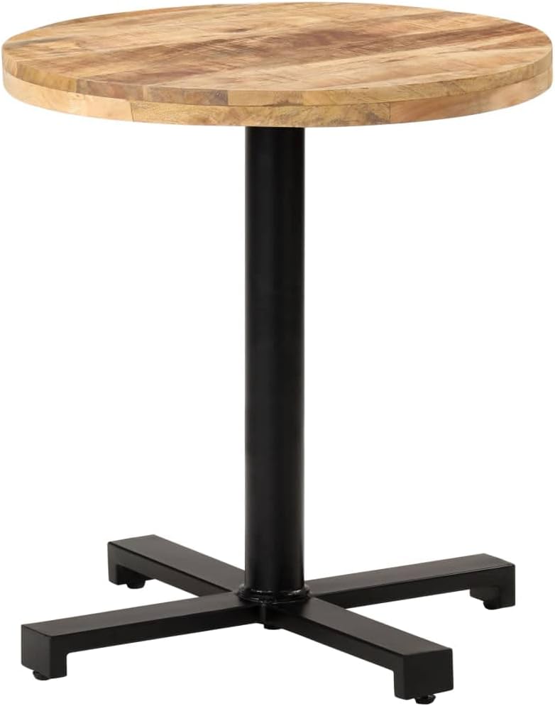 Bistro Table Round 27.6 inch Outdoor Patio Dining Set Rough Mango Wood Natural Finish Black Iron Base Garden Restaurant Cafe