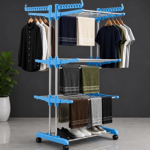 Image of TEKCOOL Foldable Cloth Drying Stand Stainless Steel - 3 Tier Heavy-Duty Clothes Dryer for Balcony, Indoor & Outdoor Use | with Wheels & Hanger Slots | Rust-Proof Laundry Rack (Grey, 3 TIRE)?,