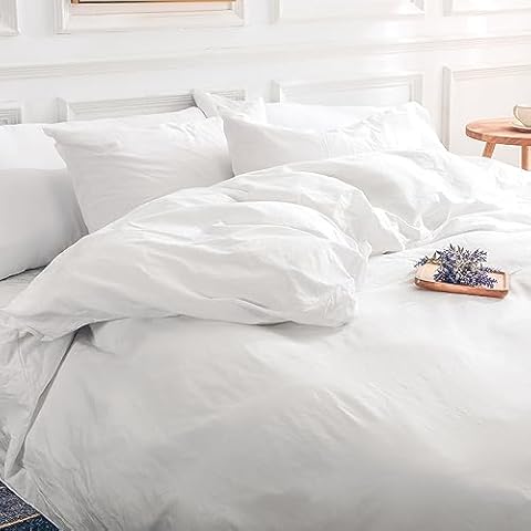 NEXHOME PRO Cotton Duvet Cover Set King Size Linen Feel White Organic Natural 100% Washed Cotton Duvet Cover Set 3 Pieces Bedding Set with Zipper Closure, Lightweight and Breathable (No Comforter) Cover