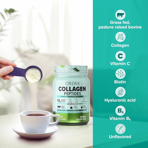 ORZAX Collagen Peptides Powder - 11 g Collagen Type I & III, Biotin & Hyaluronic Acid, 16 oz (Unflavored) - Image 5
