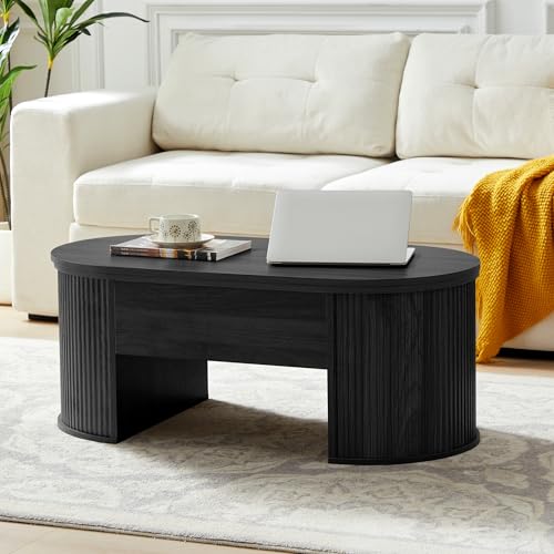 Image of QHITTY Coffee Table with Lifting Top, Fluted Oval Wood Lift Top Coffee Table with Hidden Compartment, Mid Century Pull up Center Tables for Living Room, Office, Black