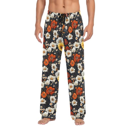 Mens Pajama Pants Boho Floral Print Soft Lounge Sleep Pj Bottoms with Drawstring Pockets2