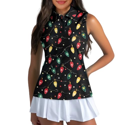 Spowatriy Women's Golf Shirts Sleeveless with Collar Moisture Wicking Tennis Tank Tops Athletic Shirt Golf Activewear, Christmas Lights, XL