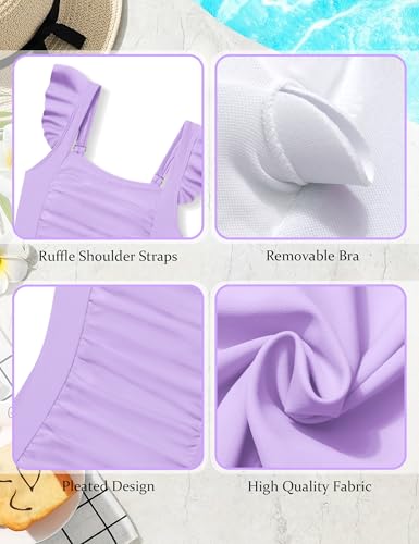 Image of Girls Swimsuit Ruffle Solid One Piece Bathing Suits 7-18 Years | Teen Bathing Suits for Girls Ruched Sleeveless Girls' Swimwear