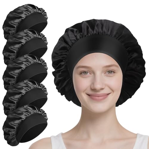 Black Satin Bonnet for Women 5 Pack – 30cm Adjustable Sleep Cap for Curly Hair, No-Slip Breathable Hair Bonnet with Elastic Band, Soft Head Wrap for Sleeping, Shower, Skincare