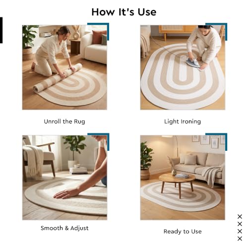 Image of Encasa XO Oval Braided Area Rug for Living Room & Bedroom | Cotton Blend Reversible Floor Carpet | Handwoven Natural Fiber Boho Room Decor | Washable | Beige & Off-White-1 (122x183 cm) | 4x6 Ft