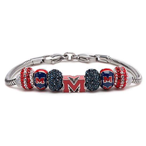 University Of Mississippi Charm Bracelet | Ole Miss Rebels Block M Stainless Steel Jewelry | Um Gifts | Officially Licensed By The University Of Mississippi | Product #TOP5