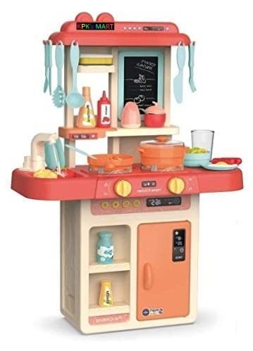 Image of Plastic Kitchen Set Toys With 42 Pcs Lights & Sounds, Play Sink With Running Water, Dessert Shelf Toy & Accessories Kitchen Set for girls (Oraange)