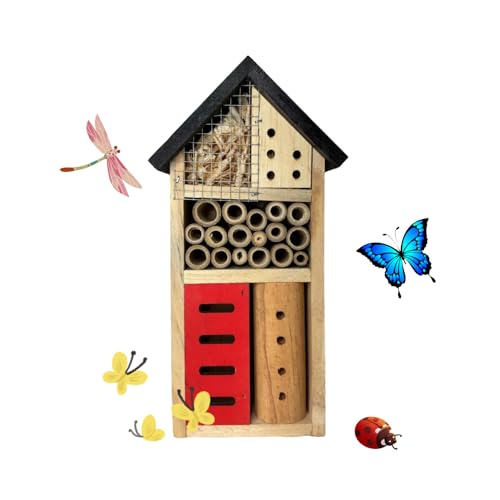 OBELGEOYA Wooden Insect House - Natural Outdoor Insect Hotel for Bees, Butterflies, Ladybugs, Beneficial Insects, Eco-Friendly Bug Hotel, Hanging Garden Habitat for Pollinators, 10.2 x 5.1 x 3.5 Inch