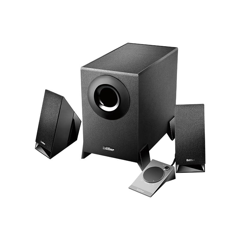 Edifier M1360 Speaker System with Subwoofer, two satellite speakers, and wired remote control from a different angle