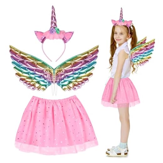 Fennonal 3pcs Unicorn Skirt para Niños Juego de Cosplay de Disfraz de Unicornio para Niña Rosa-Cerrado Tutú Alas-para Carnaval Disfraz Cosplay Fiesta Regalo Niñas 3 4 5 6 7 8 Años